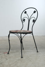 Load image into Gallery viewer, Wrought Iron Glass Top Bistro Table and Two Floral Side Chairs
