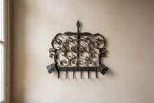 Load image into Gallery viewer, Antique Hand Forged Iron Wall Rack 6 Hooks Scrollwork Folk Art Kitchen Hanger
