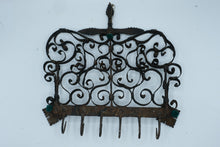 Load image into Gallery viewer, Antique Hand Forged Iron Wall Rack 6 Hooks Scrollwork Folk Art Kitchen Hanger
