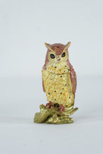 Load image into Gallery viewer, Owl Trinket Box Hinged Enameled Metal Figurine Rhinestone Eyes
