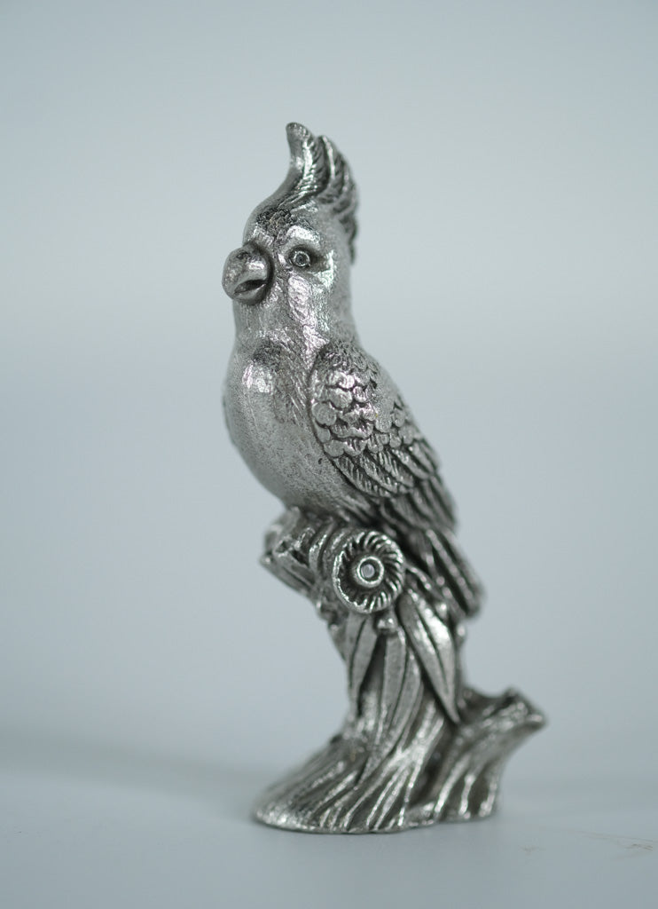 Pewter Cockatoo Bird Figurine – Miniature Metal Sculpture on Perched Stump (3.25