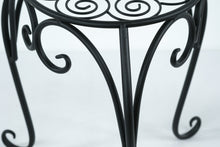 Load image into Gallery viewer, Black Metal Plant Stand Scroll Top Round Display Table 13 Inch Tall
