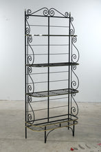 Load image into Gallery viewer, Vintage Black Iron Four-Tier Baker’s Rack with Brass-Tone Trim - 2 Available
