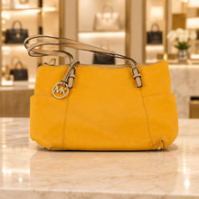 Load image into Gallery viewer, Michael Kors Orange Pebbled Leather Shoulder Bag Tote Gold MK Charm 16 x 12
