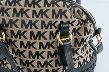 Load image into Gallery viewer, Michael Kors MK Logo Jacquard Satchel Crossbody Handbag Black Beige Large
