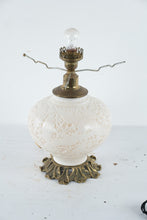 Load image into Gallery viewer, Vintage Milk Glass Table Lamp Embossed Bird Floral Brass Base 19 Inch
