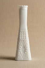 Load image into Gallery viewer, Vintage Anchor Hocking Stars and Bars White Milk Glass Bud Vase 9 Inch
