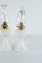 Load image into Gallery viewer, Vintage Milk Glass Oil Lamps Pair Brass Burners Clear Chimneys 19 Inch
