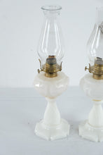 Load image into Gallery viewer, Vintage Milk Glass Oil Lamps Pair Brass Burners Clear Chimneys 19 Inch

