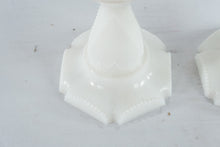 Load image into Gallery viewer, Vintage Milk Glass Oil Lamps Pair Brass Burners Clear Chimneys 19 Inch
