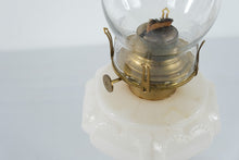 Load image into Gallery viewer, Vintage Milk Glass Oil Lamps Pair Brass Burners Clear Chimneys 19 Inch
