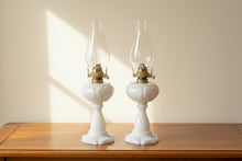Load image into Gallery viewer, Vintage Milk Glass Oil Lamps Pair Brass Burners Clear Chimneys 19 Inch
