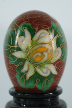 Load image into Gallery viewer, Miniature Cloisonné Egg with White &amp; Gold Lotus Flower – Hand-Enameled Floral Art on Stand
