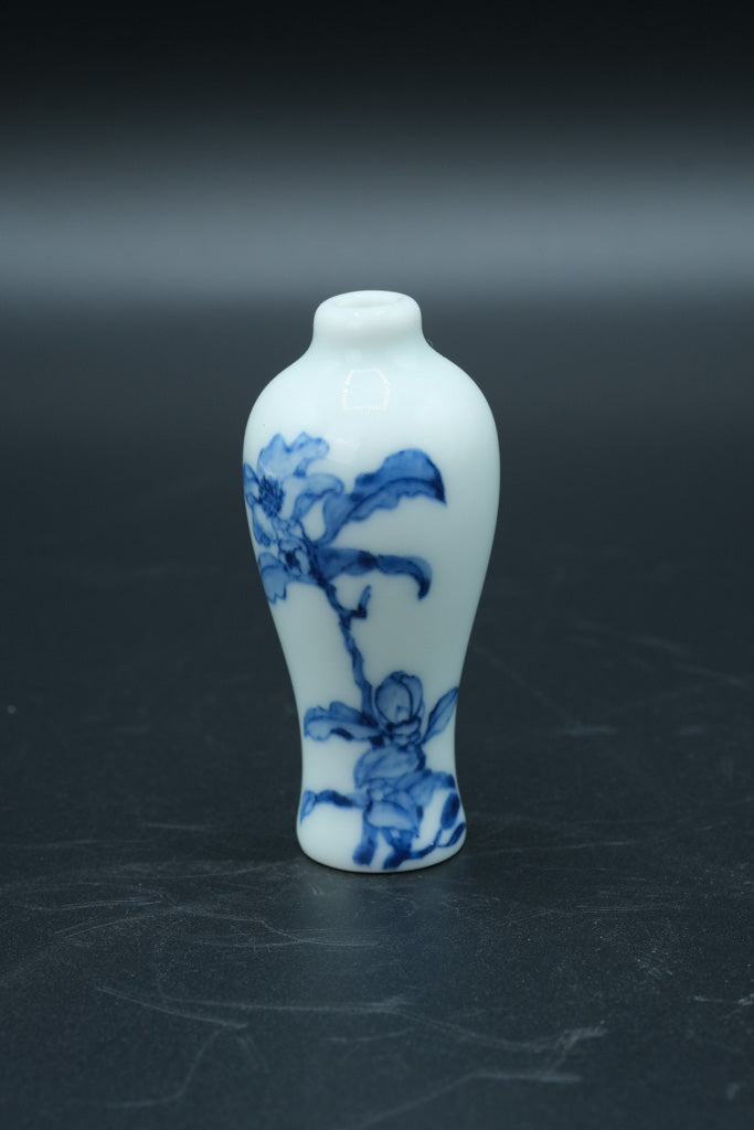 Miniature Blue & White Chinese-Style Meiping Vase – Floral Motif – Possibly Snuff or Perfume Bottle