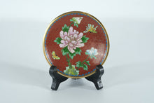 Load image into Gallery viewer, Cloisonné Plate with Pink Peony &amp; Butterflies – Hand-Enameled Floral Art on Red Ground
