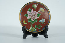 Load image into Gallery viewer, Cloisonné Plate with Pink Peony &amp; Butterflies – Hand-Enameled Floral Art on Red Ground
