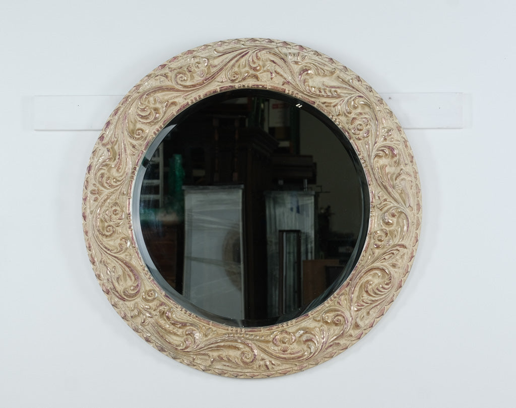 Ornate Round Wall Mirror – Antique White & Gold Scroll Frame