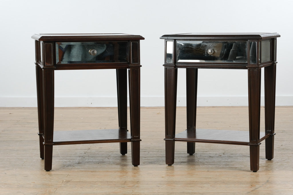 Pair of Pier 1 Mirrored Side Tables with Dark Wood Frame