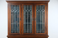 Load image into Gallery viewer, Mission Style Wood China Cabinet with Leaded Glass Doors and Storage Drawers
