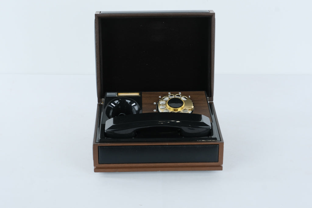 Vintage Discotel Personal Telephone — Hidden Rotary Dial Phone in Woodgrain Box (Model 981B101, 1970s)