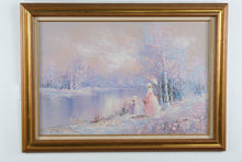 Load image into Gallery viewer, Walton Signed Impressionist Landscape Painting Mother and Child Lake Scene 43x32
