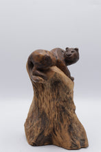 Load image into Gallery viewer, Hand Carved Wood Mountain Lion on Tree Stump Sculpture 9 Inch Rustic Folk Art
