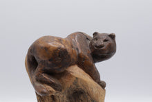 Load image into Gallery viewer, Hand Carved Wood Mountain Lion on Tree Stump Sculpture 9 Inch Rustic Folk Art
