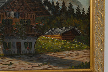 Load image into Gallery viewer, Alpine Chalet Landscape Painting – Original Oil on Canvas in Ornate Gold Frame, 11.75 x 13.5
