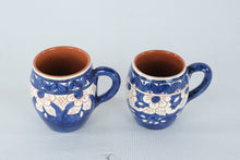 Load image into Gallery viewer, Pair Mexican Hand Painted Blue White Floral Pottery Mugs Terracotta Clay
