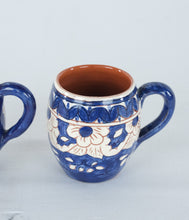 Load image into Gallery viewer, Pair Mexican Hand Painted Blue White Floral Pottery Mugs Terracotta Clay
