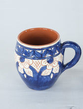 Load image into Gallery viewer, Pair Mexican Hand Painted Blue White Floral Pottery Mugs Terracotta Clay
