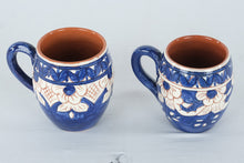 Load image into Gallery viewer, Pair Mexican Hand Painted Blue White Floral Pottery Mugs Terracotta Clay
