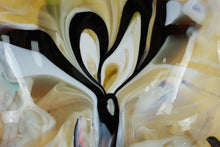 Load image into Gallery viewer, Vintage Hand Blown Art Glass Bowl Amber Black White Swirl Console Centerpiece
