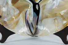 Load image into Gallery viewer, Vintage Hand Blown Art Glass Bowl Amber Black White Swirl Console Centerpiece
