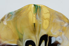 Load image into Gallery viewer, Vintage Hand Blown Art Glass Bowl Amber Black White Swirl Console Centerpiece
