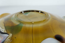 Load image into Gallery viewer, Vintage Hand Blown Art Glass Bowl Amber Black White Swirl Console Centerpiece
