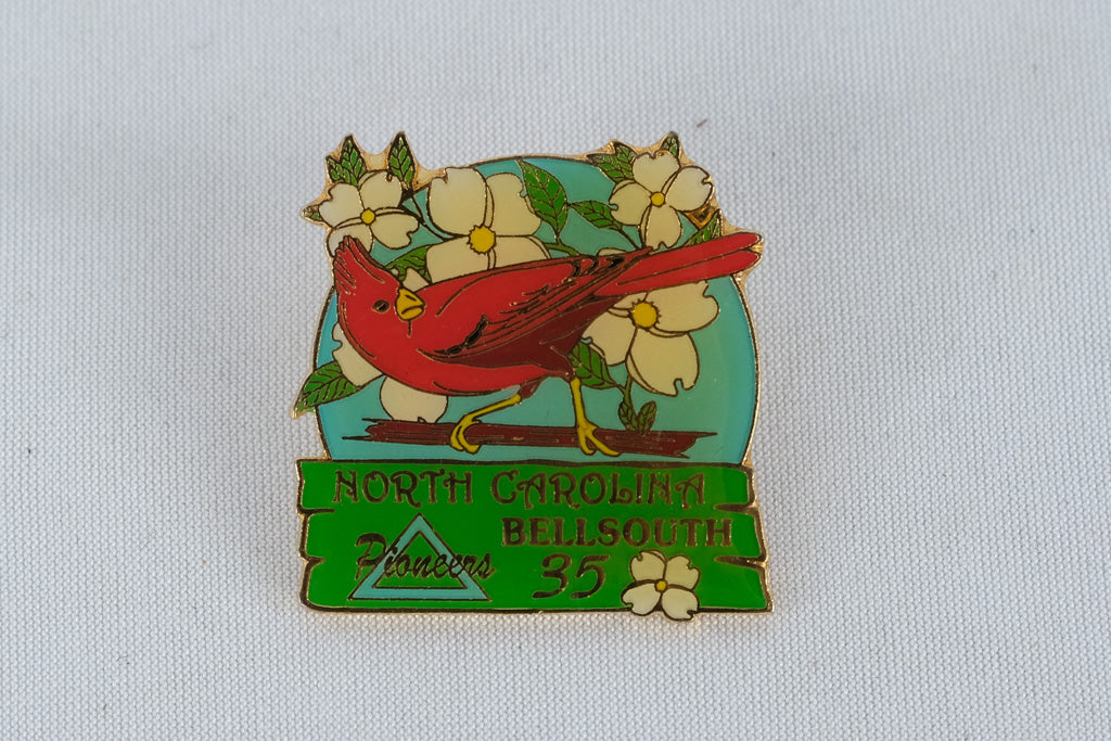 North Carolina BellSouth Pioneers 35-Year Service Pin – Red Cardinal & Dogwood Enamel Lapel Badge by Surrey