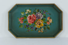 Load image into Gallery viewer, Vintage Nashco Hand Painted Floral Tole Tray Turquoise Metal Serving Tray New York
