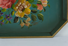 Load image into Gallery viewer, Vintage Nashco Hand Painted Floral Tole Tray Turquoise Metal Serving Tray New York
