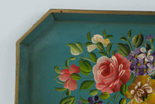 Load image into Gallery viewer, Vintage Nashco Hand Painted Floral Tole Tray Turquoise Metal Serving Tray New York
