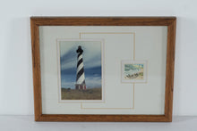 Load image into Gallery viewer, Framed Coastal Lighthouse Photograph with National Parks Centennial Stamp Display

