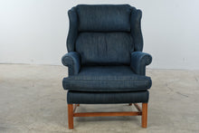 Load image into Gallery viewer, Navy Upholstered Wingback Chair with Matching Ottoman and Wood Legs
