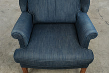 Load image into Gallery viewer, Navy Upholstered Wingback Chair with Matching Ottoman and Wood Legs
