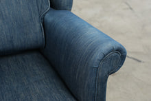 Load image into Gallery viewer, Navy Upholstered Wingback Chair with Matching Ottoman and Wood Legs
