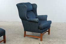 Load image into Gallery viewer, Navy Upholstered Wingback Chair with Matching Ottoman and Wood Legs
