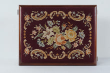 Load image into Gallery viewer, Vintage Needlepoint Footstool Mahogany Wood Floral Upholstered Ottoman

