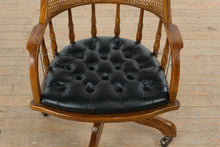 Load image into Gallery viewer, Vintage Oak Cane Back Swivel Office Chair with Tufted Leather Seat and Casters
