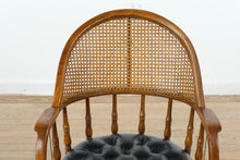 Load image into Gallery viewer, Vintage Oak Cane Back Swivel Office Chair with Tufted Leather Seat and Casters
