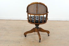 Load image into Gallery viewer, Vintage Oak Cane Back Swivel Office Chair with Tufted Leather Seat and Casters
