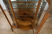Load image into Gallery viewer, Antique Tiger Oak Curved Glass Curio Cabinet with Leaded Glass and Claw Feet
